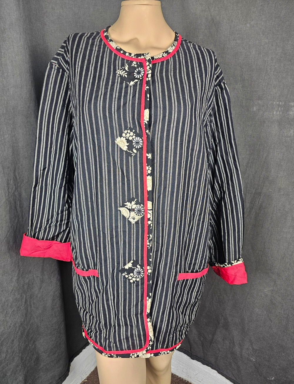 VTG Quilted Jacket 24W Womens Patchwork Stripe Floral Cardigan Coat Cottagecore